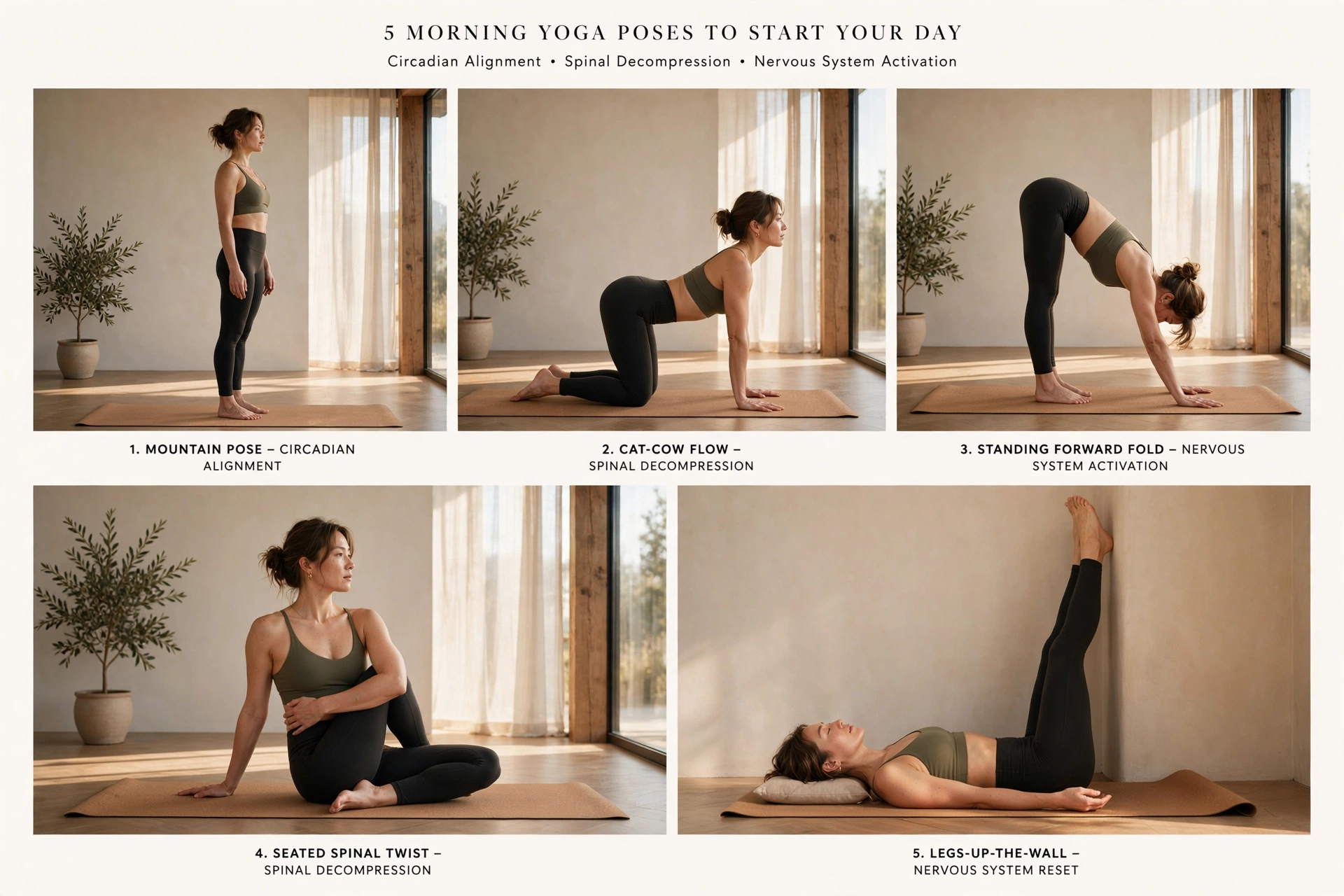 5 postures de yoga matinales pour commencer votre journée : alignement circadien, décompression vertébrale et activation du système nerveux